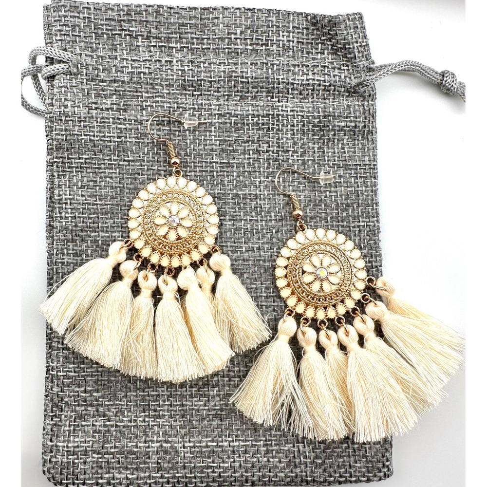 Ivory & Gold Dreamcatcher Tassel Chandelier Earrings